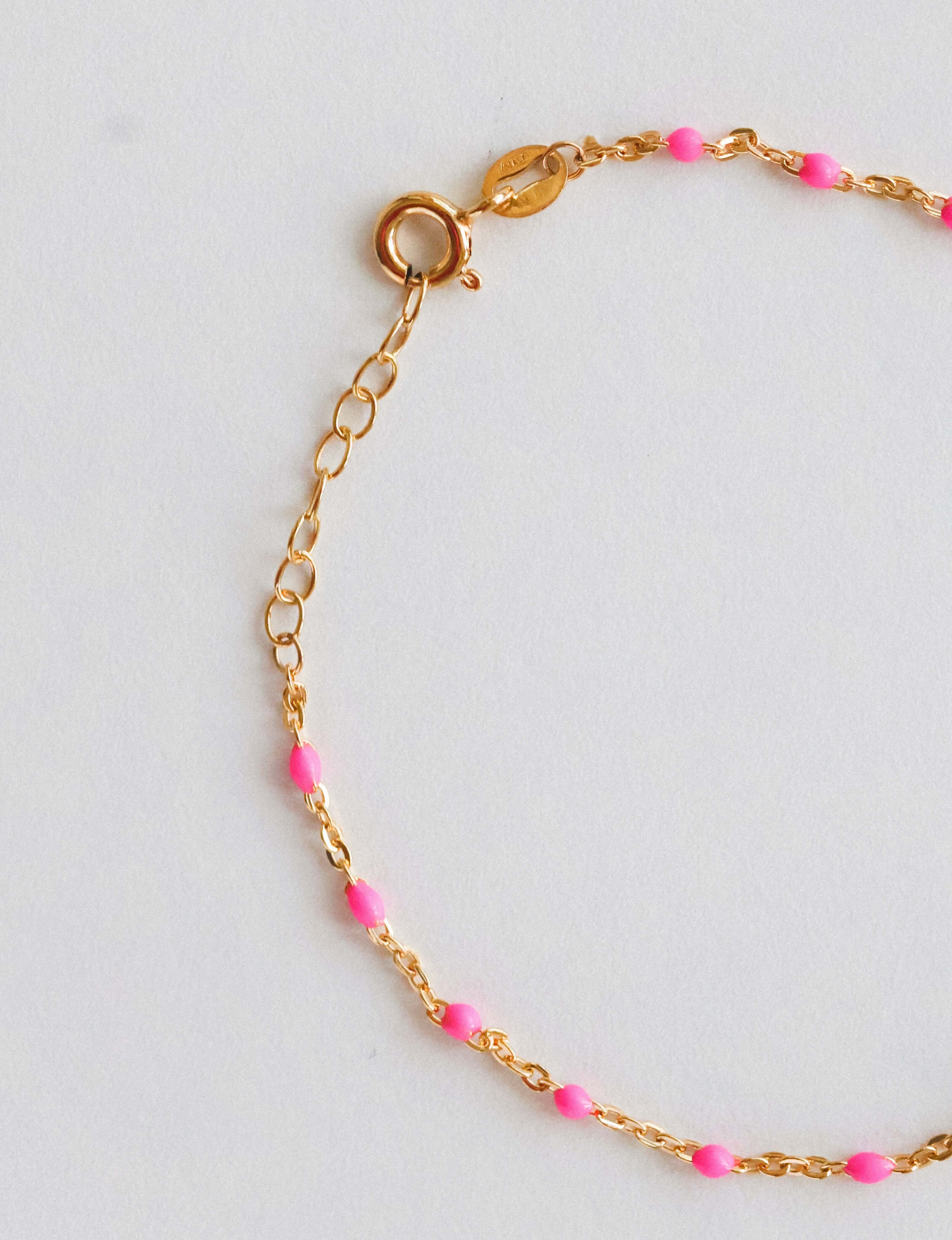 14k gold-filled pink beaded bracelet featuring blush pink beads on a delicate chain, perfect for summer elegance.