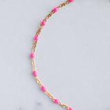 14k gold-filled pink beaded bracelet with blush pink beads on a fine chain, perfect for daily wear and summer styling.