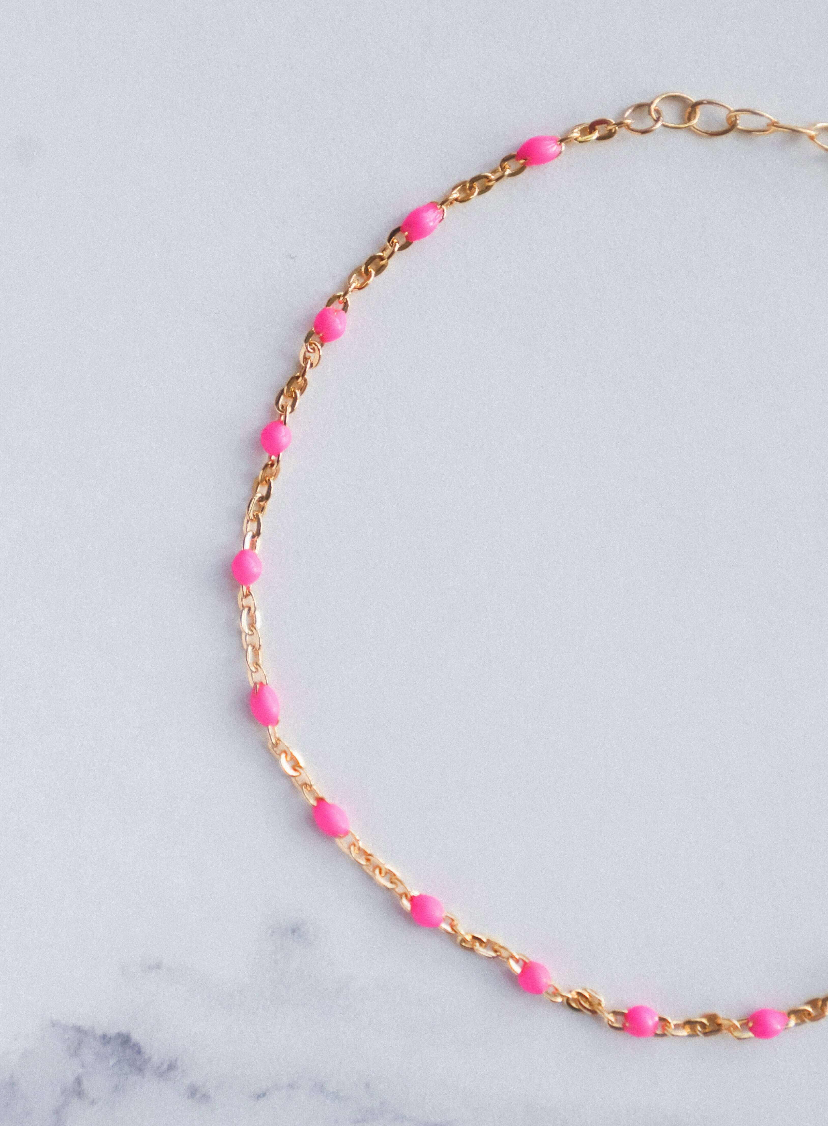 14k gold-filled pink beaded bracelet with blush pink beads on a fine chain, perfect for daily wear and summer styling.