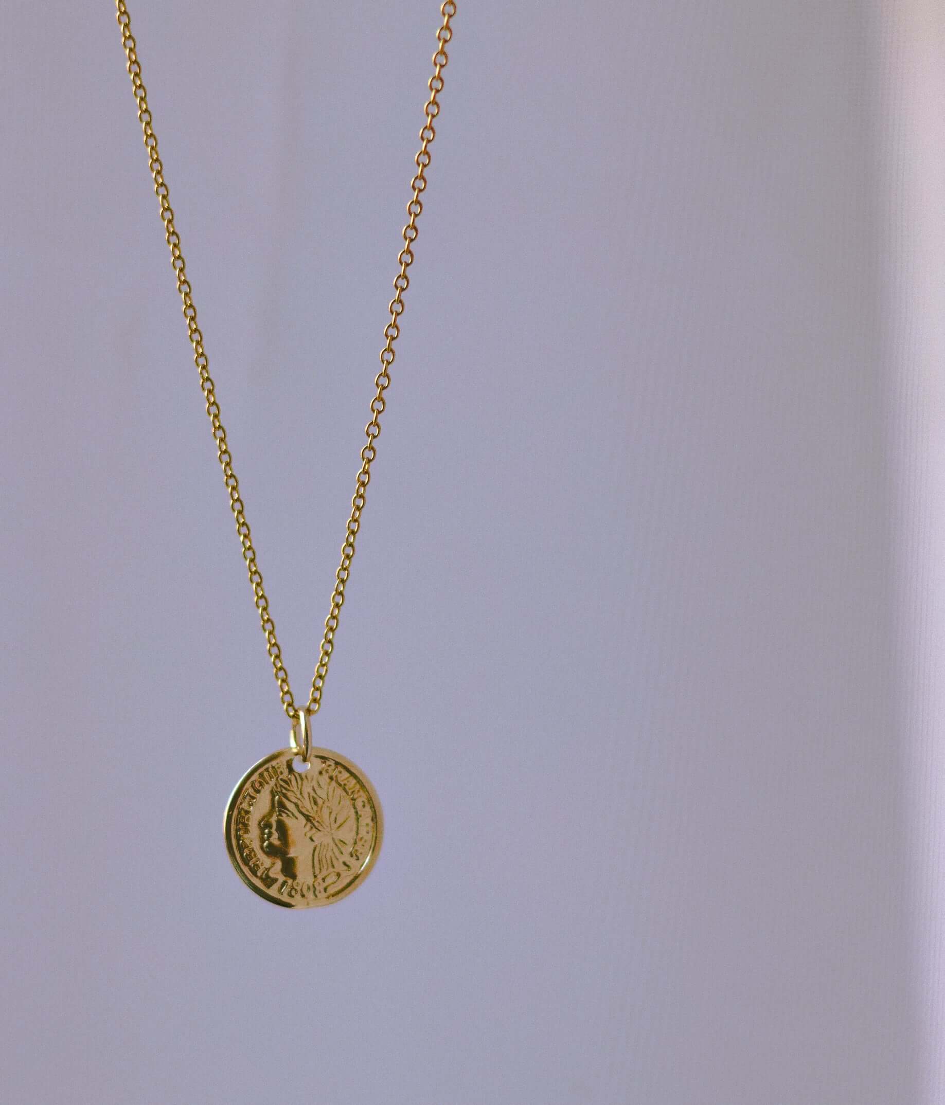 14k Gold Filled Coin Necklace featuring an 1808 Republique Francoise charm, showcasing timeless elegance and style.
