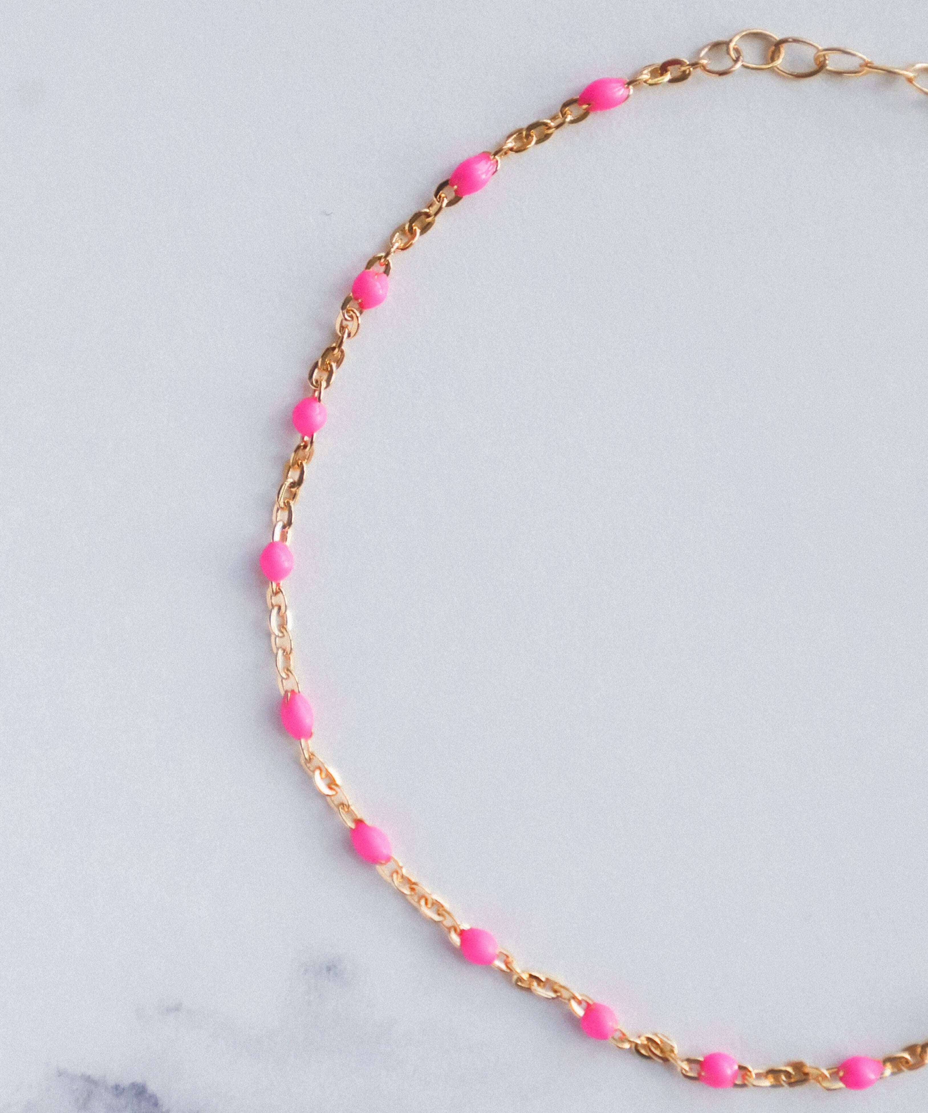 14k gold-filled pink beaded bracelet with blush pink beads on a fine chain, perfect for daily wear and summer styling.