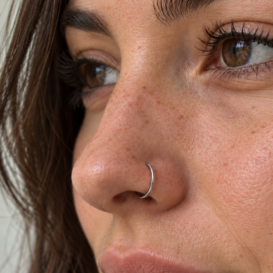 Close-up of a person's face wearing a thin silver-colored curved hoop nose ring.