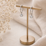 Pair of silver hoop earrings on a gold earring stand with a soft beige background