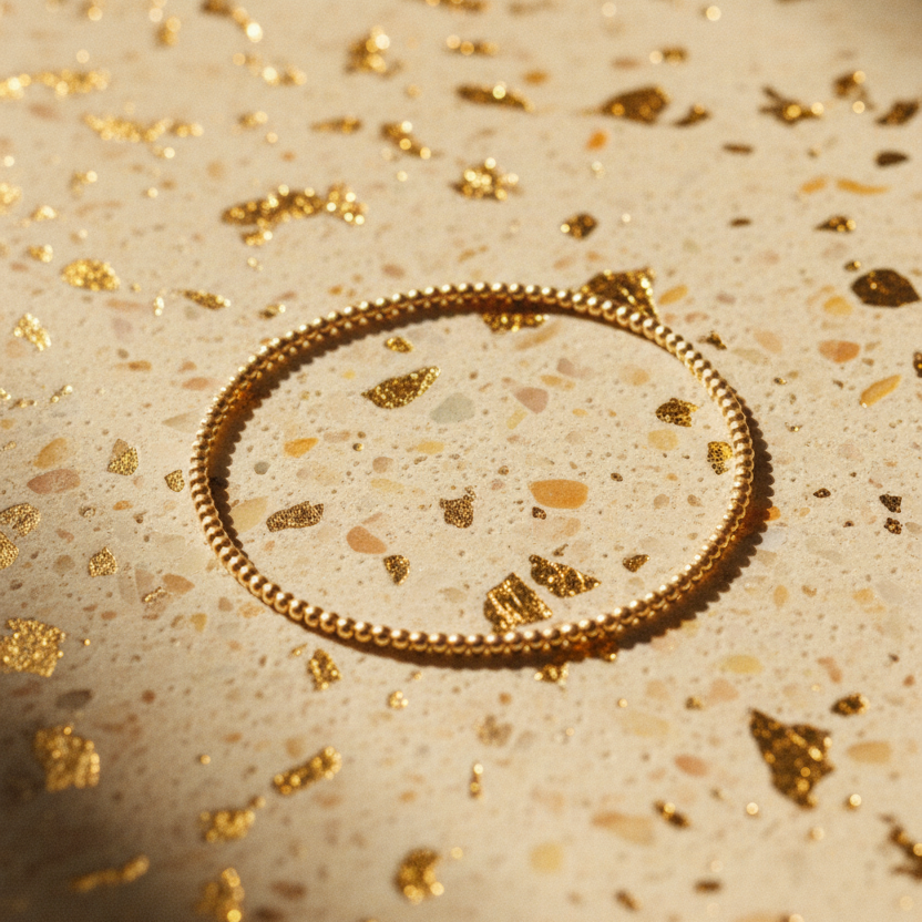 Gold bracelet on a textured beige surface with gold confetti