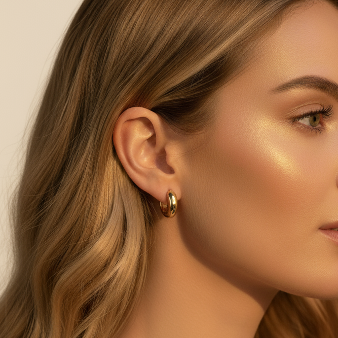 Close up of a blonde woman wearing chunky gold hoops