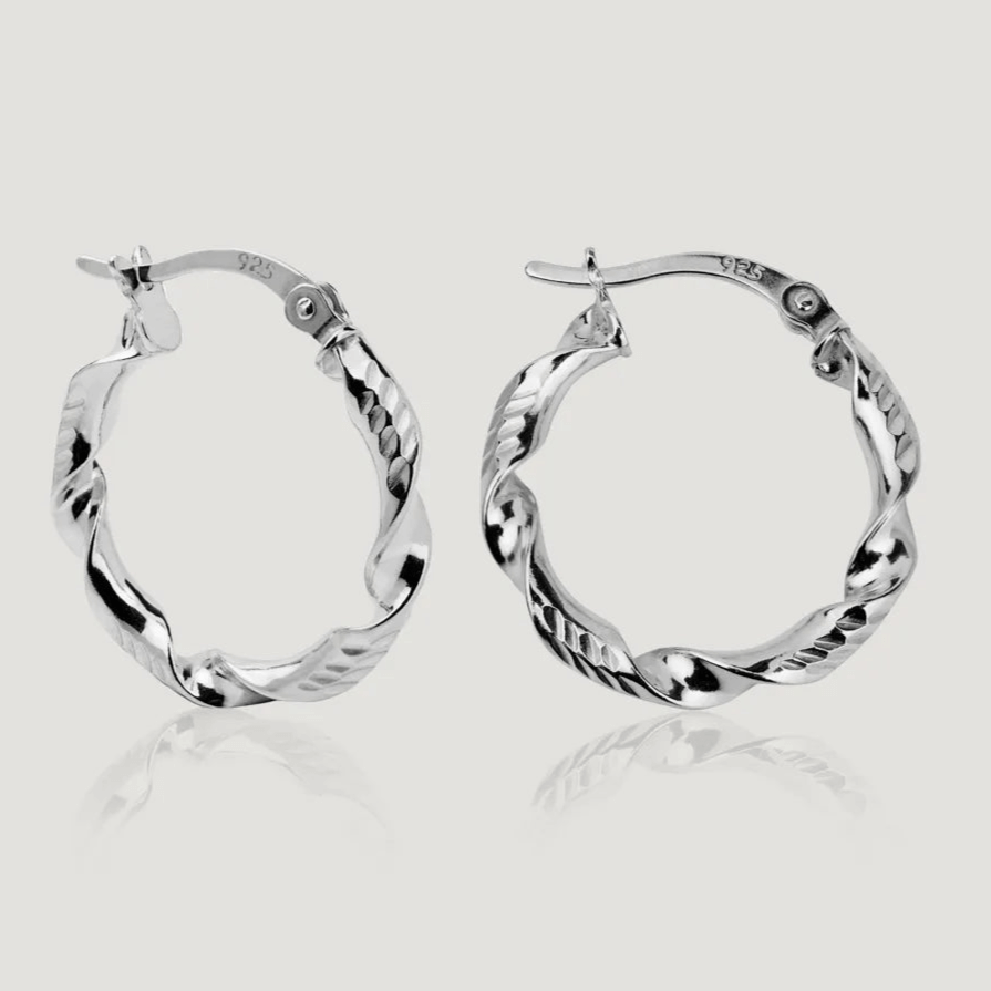 Sterling silver 20mm diamond-cut twisted hoop earrings with anti-tarnish finish, perfect for elevating accessory style.